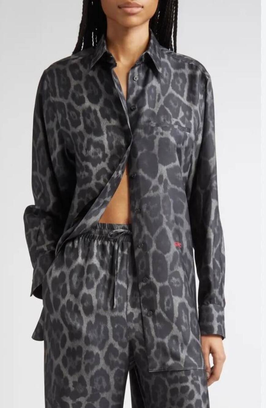 Stella McCartney Silk Leopard Print Button Up Shirt in Ash Grey IT 38 US S